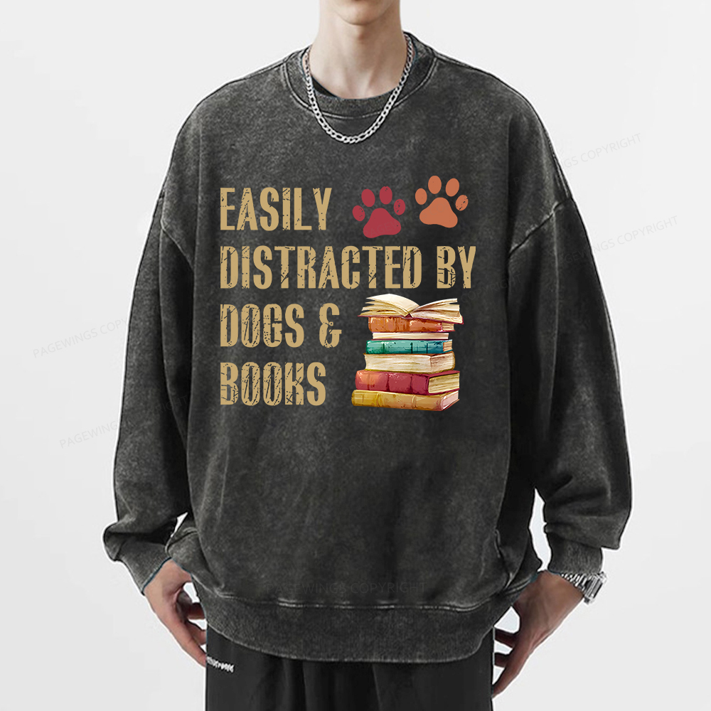 Pagewing Easily Distracted By Dogs And Books Unisex Washed Sweatshirt