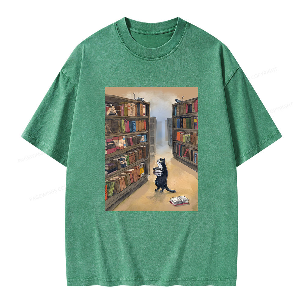 Pagewings Cat Lost In The Library Unisex Washed T-shirt