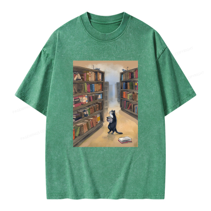 Pagewings Cat Lost In The Library Unisex Washed T-shirt