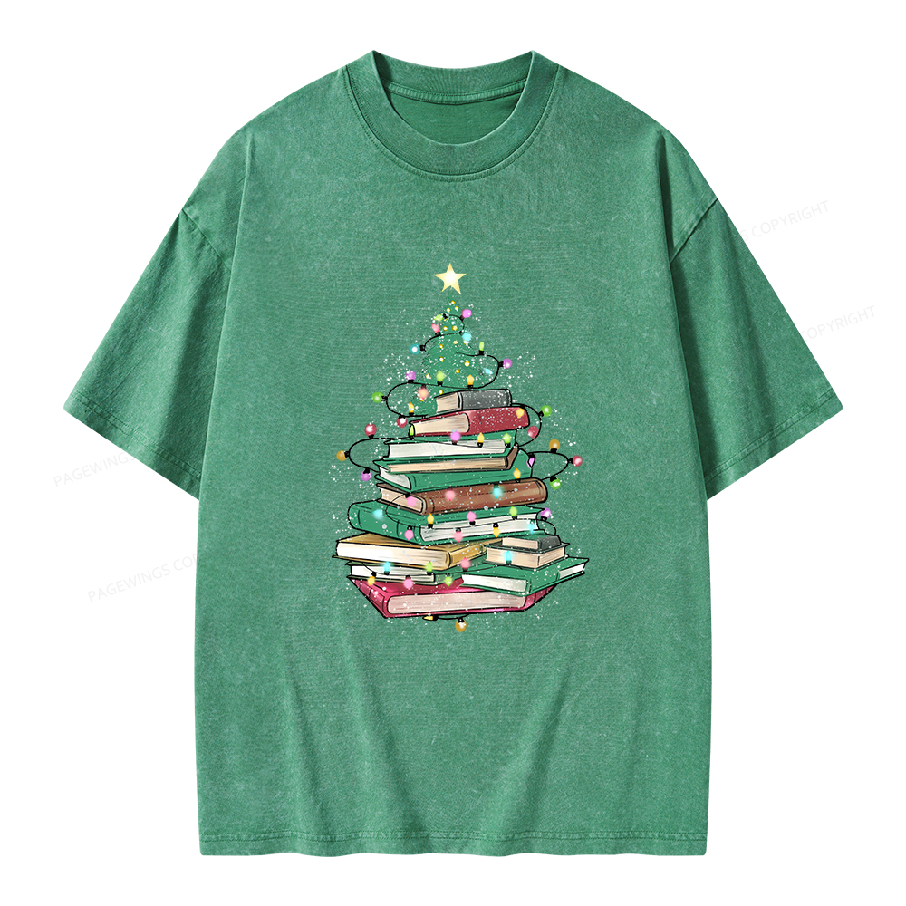 Pagewings Christmas Book Tree Unisex Washed T-shirt