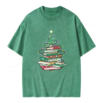 Pagewings Christmas Book Tree Unisex Washed T-shirt