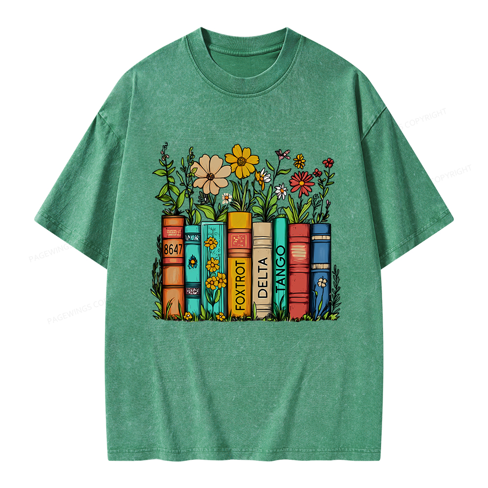 Pagewings Flowers and Books Unisex Washed T-shirt