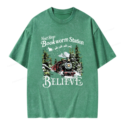Pagewings Next Stop Bookworm Station Believe Unisex Washed T-shirt