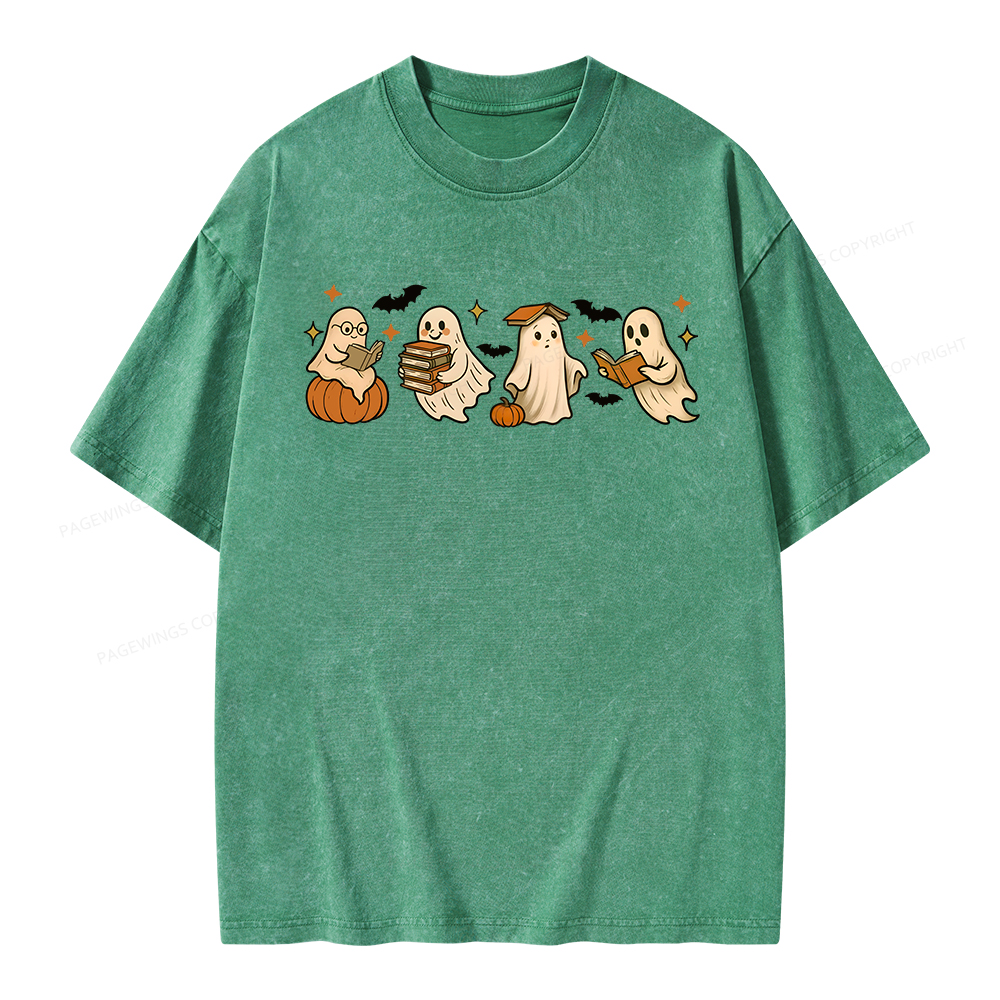 Pagewings Cute Ghost Reading Book Halloween Unisex Washed T-shirt