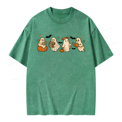 Pagewings Cute Ghost Reading Book Halloween Unisex Washed T-shirt