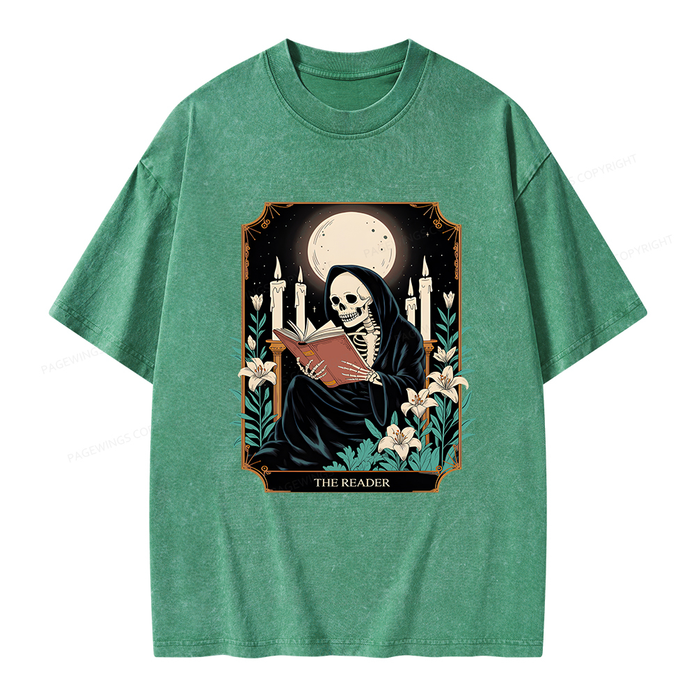 Pagewings The Reader Skeleton Tarot Card Unisex Washed T-shirt