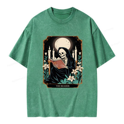 Pagewings The Reader Skeleton Tarot Card Unisex Washed T-shirt
