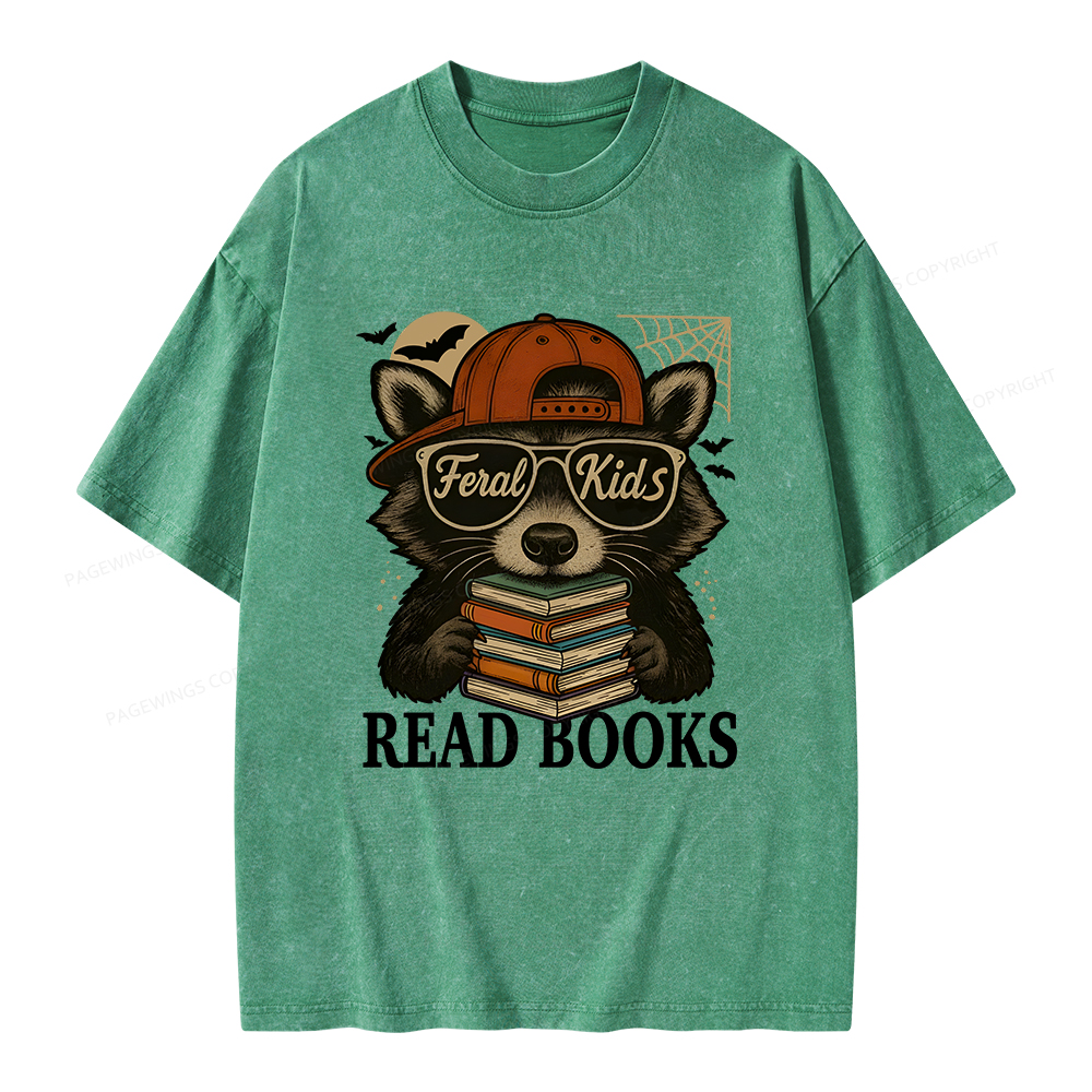 Pagewings Feral Kid Read Books Unisex Washed T-shirt