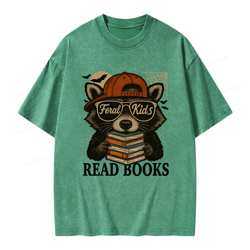 Pagewings Feral Kid Read Books Unisex Washed T-shirt