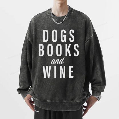 Pagewings Dogs Books And Wine Unisex Washed Sweatshirt