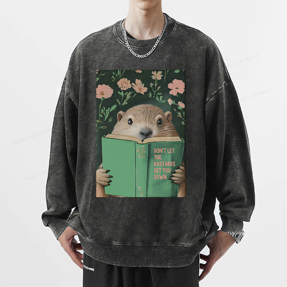 Pagewings Groundhog Reading Motivational Book Unisex Washed Sweatshirt