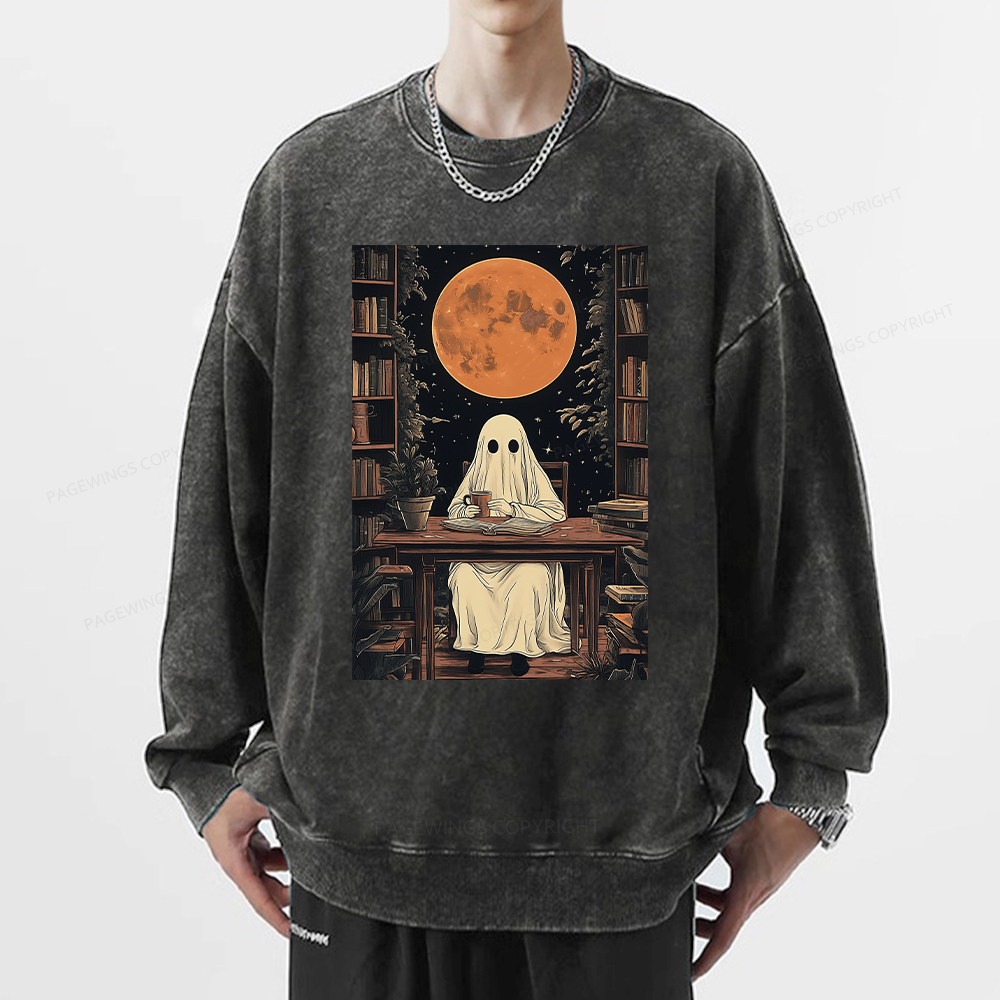 Pagewings Halloween Ghost Books Coffee Unisex Washed Sweatshirt