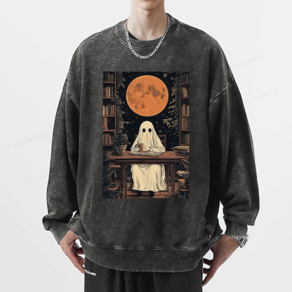 Pagewings Halloween Ghost Books Coffee Unisex Washed Sweatshirt