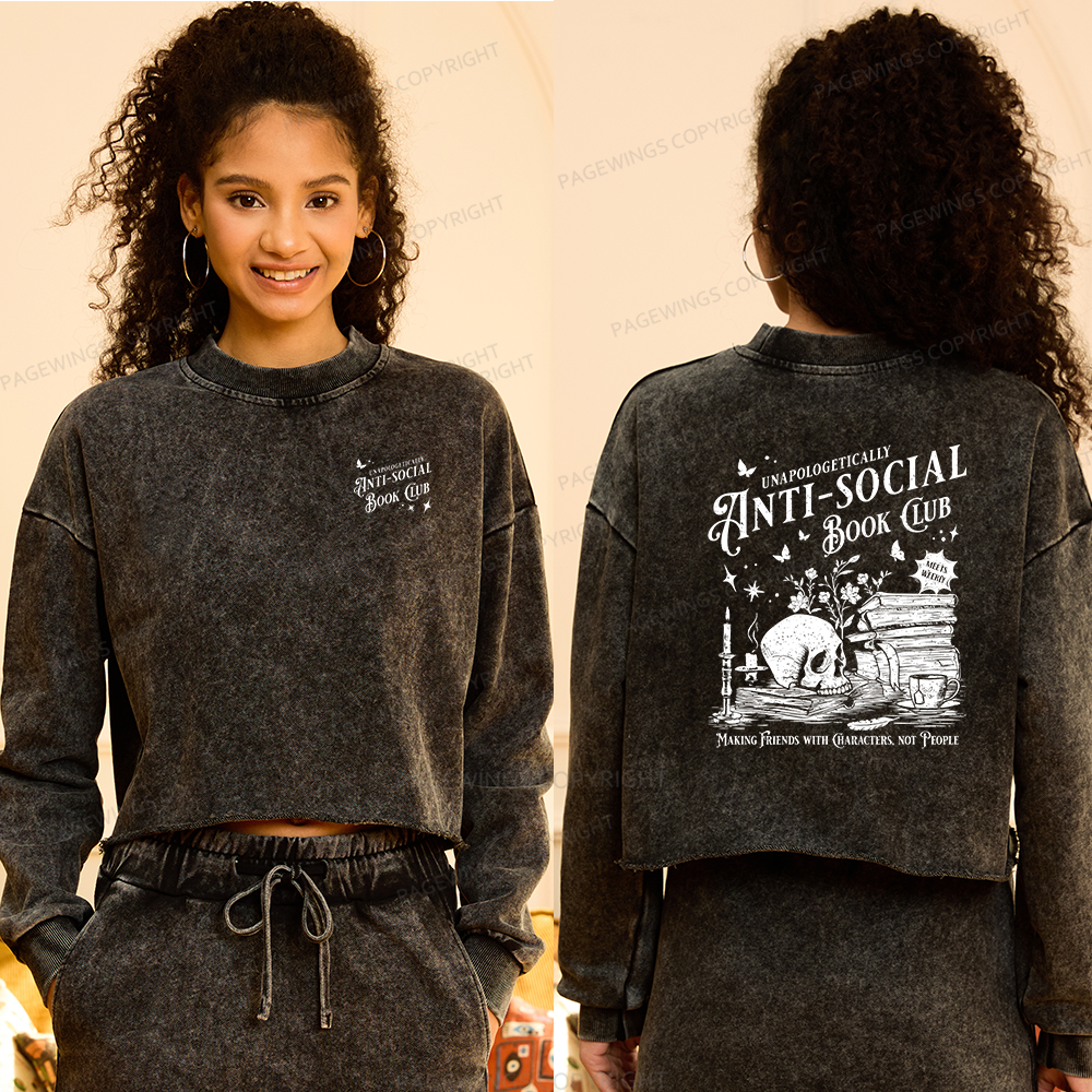 Pagewings Anti-social Book Club Comfort Colors Women Washed Crop Sweatshirt