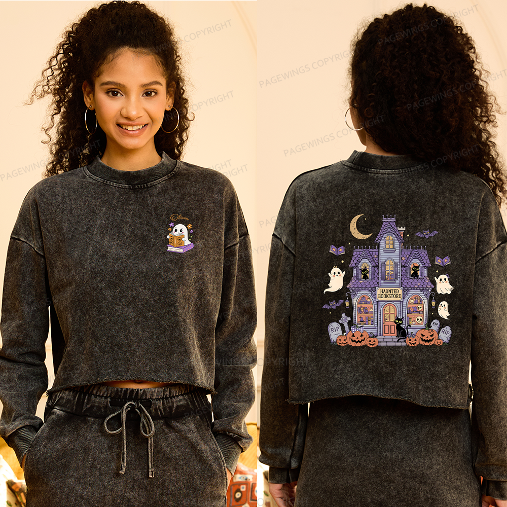 Pagewings Personalized Name Haunted Bookstore Women Washed Crop Sweatshirt