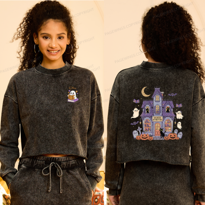 Pagewings Personalized Name Haunted Bookstore Women Washed Crop Sweatshirt