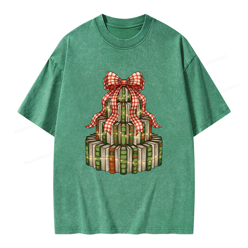 Pagewings Christmas Book Tree Unisex Washed T-shirt