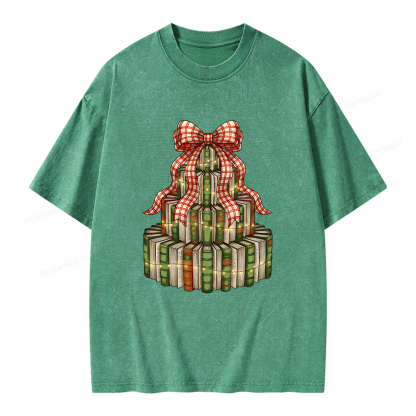 Pagewings Christmas Book Tree Unisex Washed T-shirt