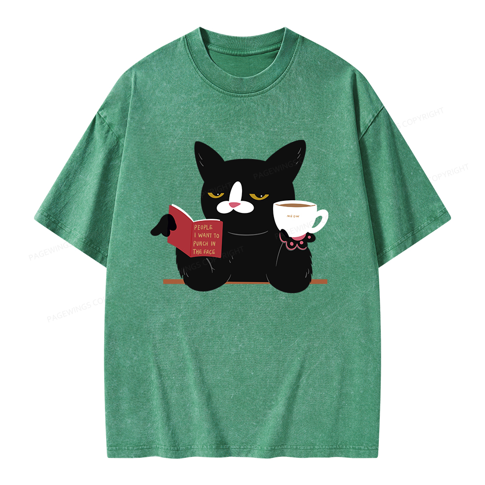 Pagewings A Cat Reading A Book While Drinking Coffee Unisex Washed T-shirt