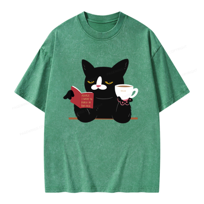 Pagewings A Cat Reading A Book While Drinking Coffee Unisex Washed T-shirt