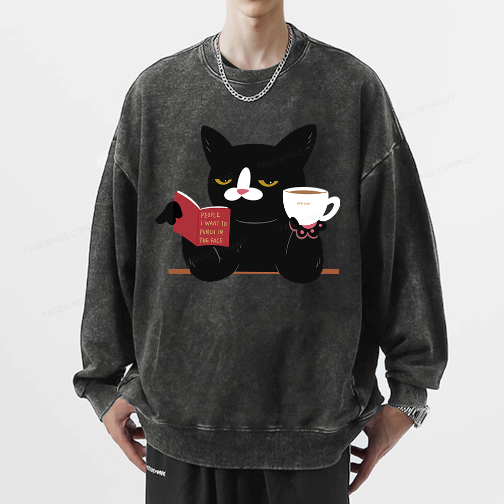 Pagewings A Cat Reading A Book While Drinking Coffee  Unisex Washed Sweatshirt