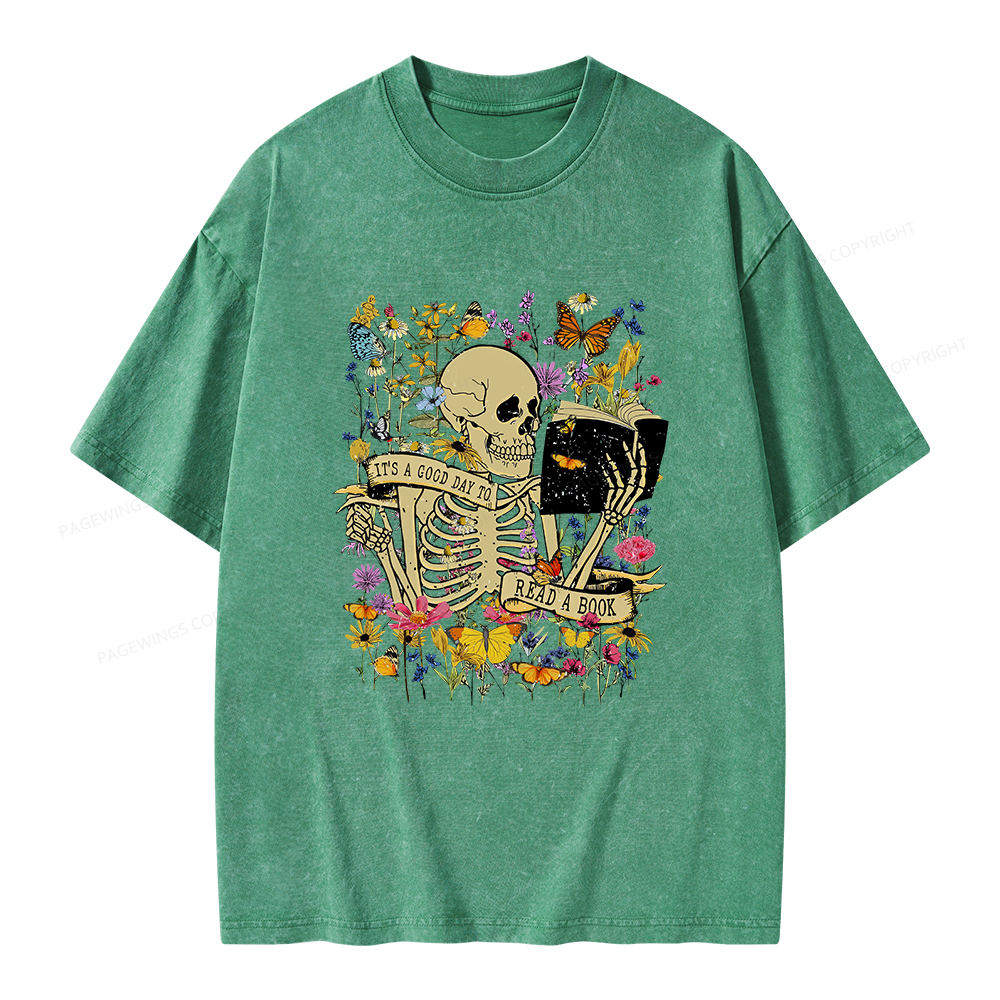 Pagewings Skull Skeleton Reading Book Unisex Washed T-shirt