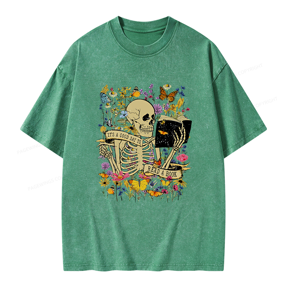 Pagewings Skull Skeleton Reading Book Unisex Washed T-shirt