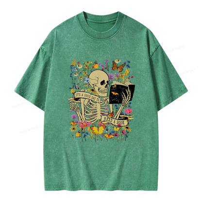 Pagewings Skull Skeleton Reading Book Unisex Washed T-shirt