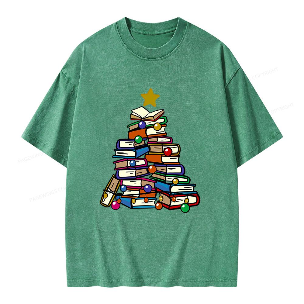 Pagewings Christmas Tree Bookworm Unisex Washed T-shirt