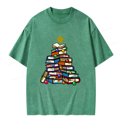 Pagewings Christmas Tree Bookworm Unisex Washed T-shirt