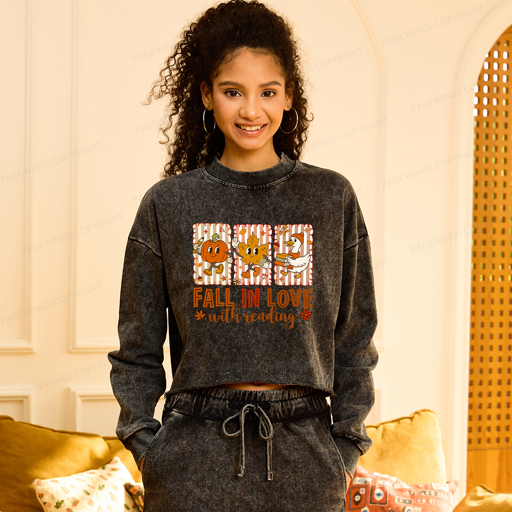 Pagewings Fall In Love With Reading Women Washed Crop Sweatshirt