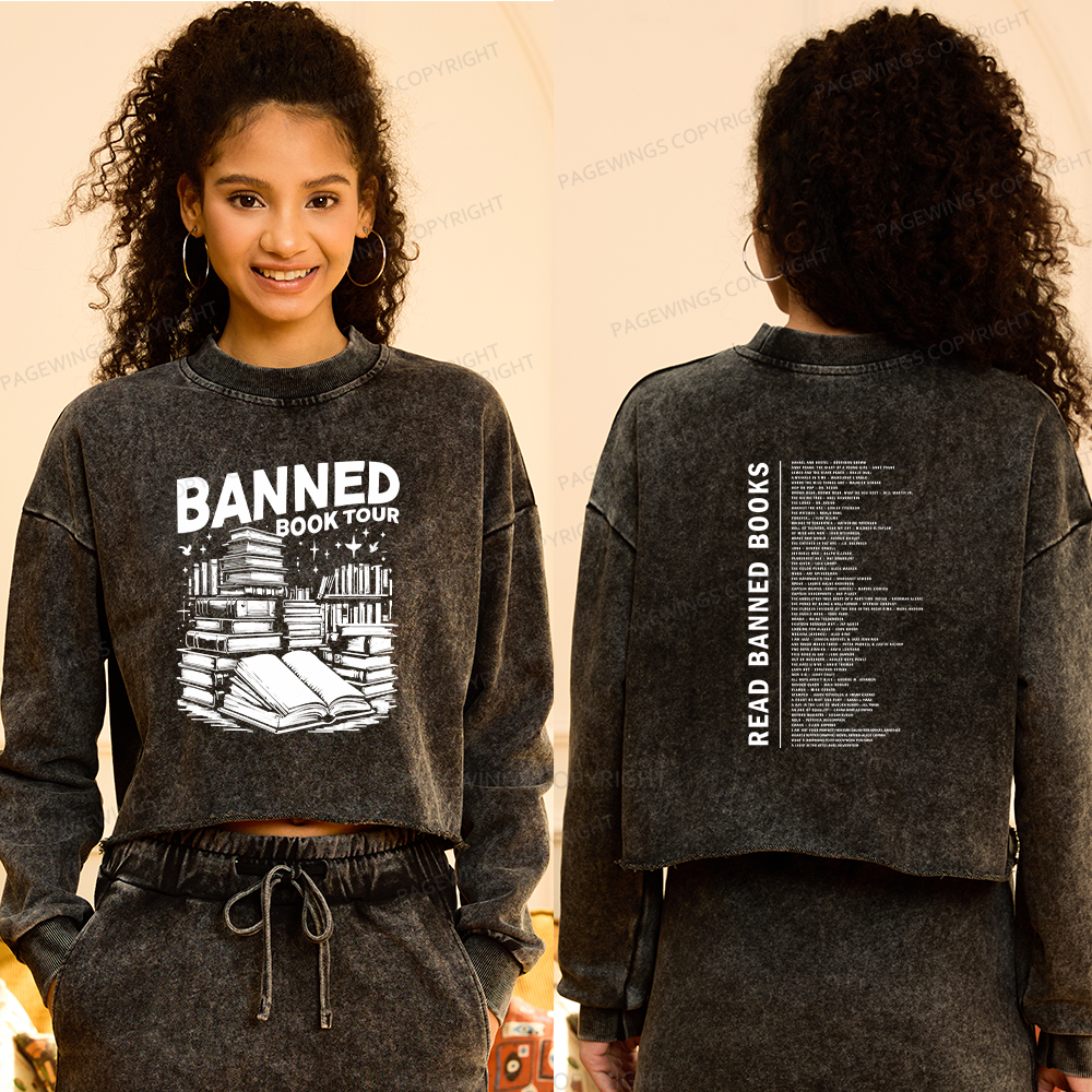 Pagewings Banned Books Tour Women Washed Crop Sweatshirt