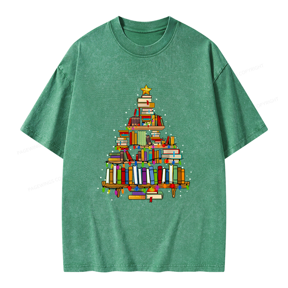 Pagewings Christmas Books Tree Unisex Washed T-shirt