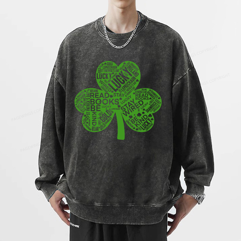 Pagewings St Patricks Day Shirt Lucky Reading Shirt Unisex Washed Sweatshirt