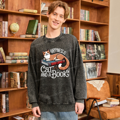 Pagewings Happiness Is A Cat And A Book Unisex Washed Sweatshirt