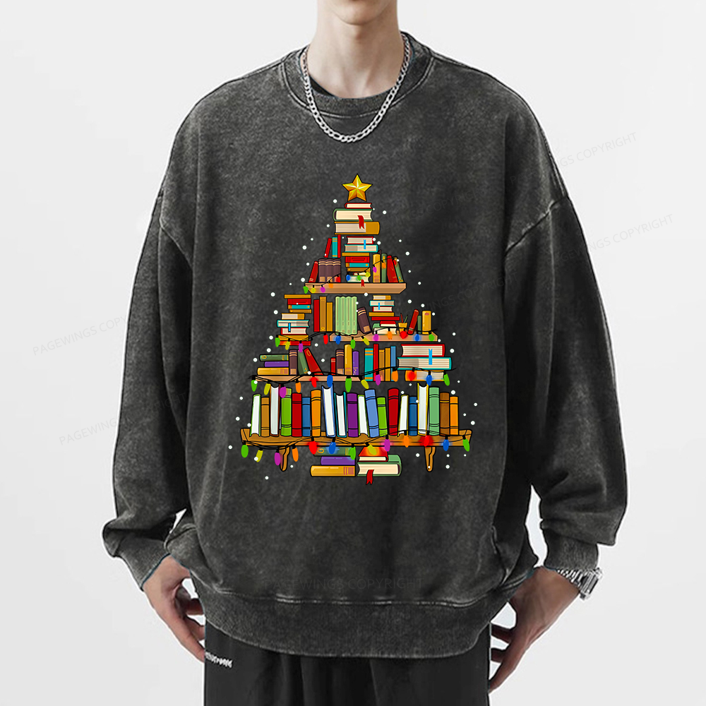 Pagewings Christmas Books Tree Unisex Washed Sweatshirt