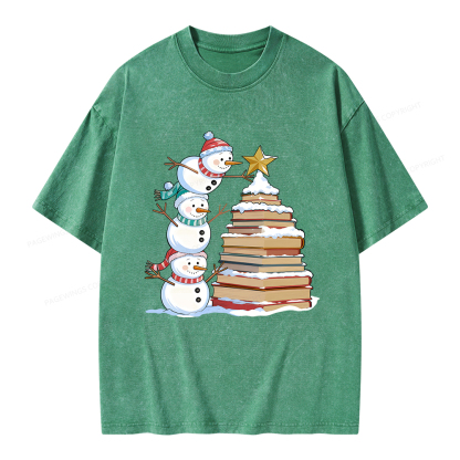 Pagewings Christmas Snowman Books Tree Unisex Washed T-shirt