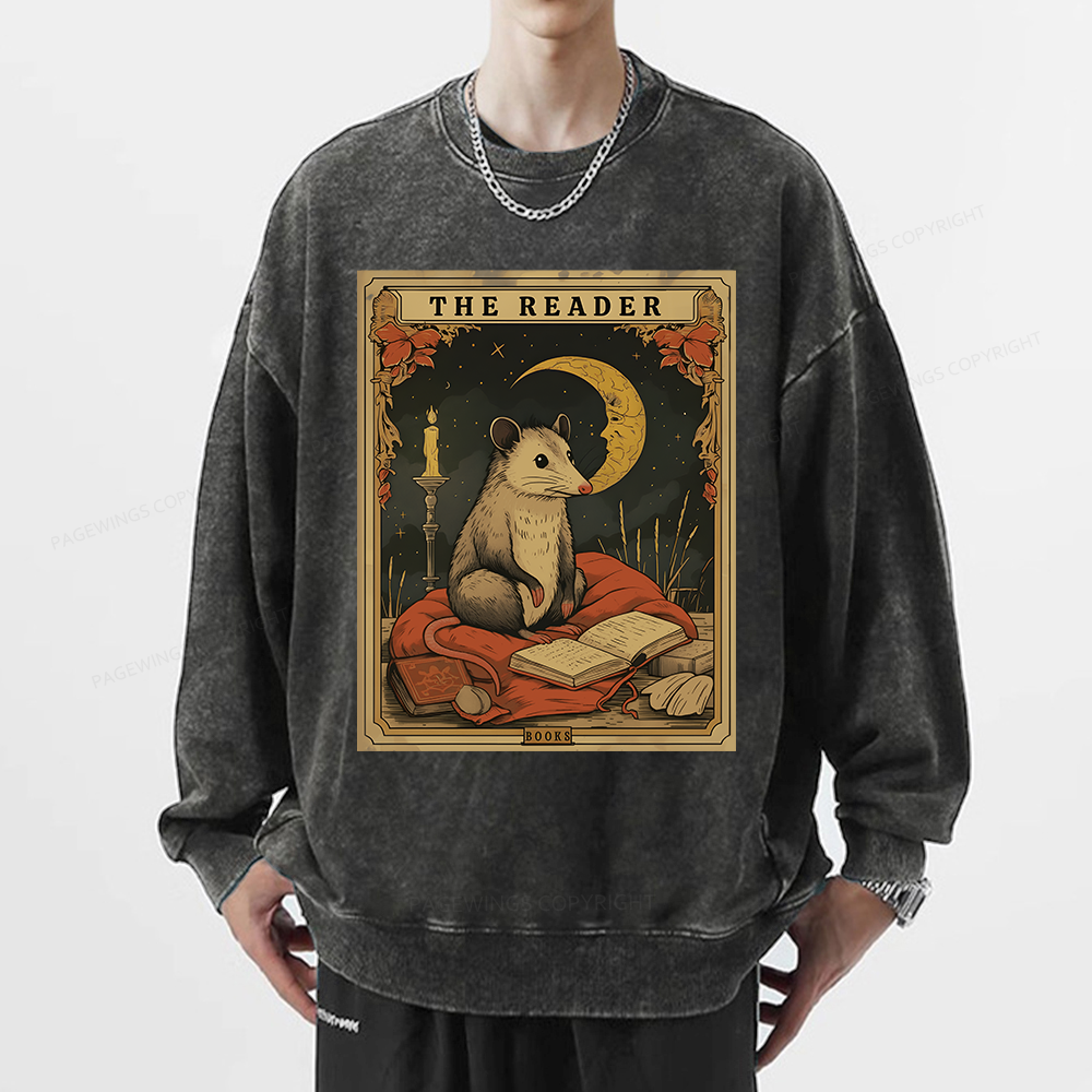 Pagewings The Reader Opossum Tarot Card Unisex Washed Sweatshirt