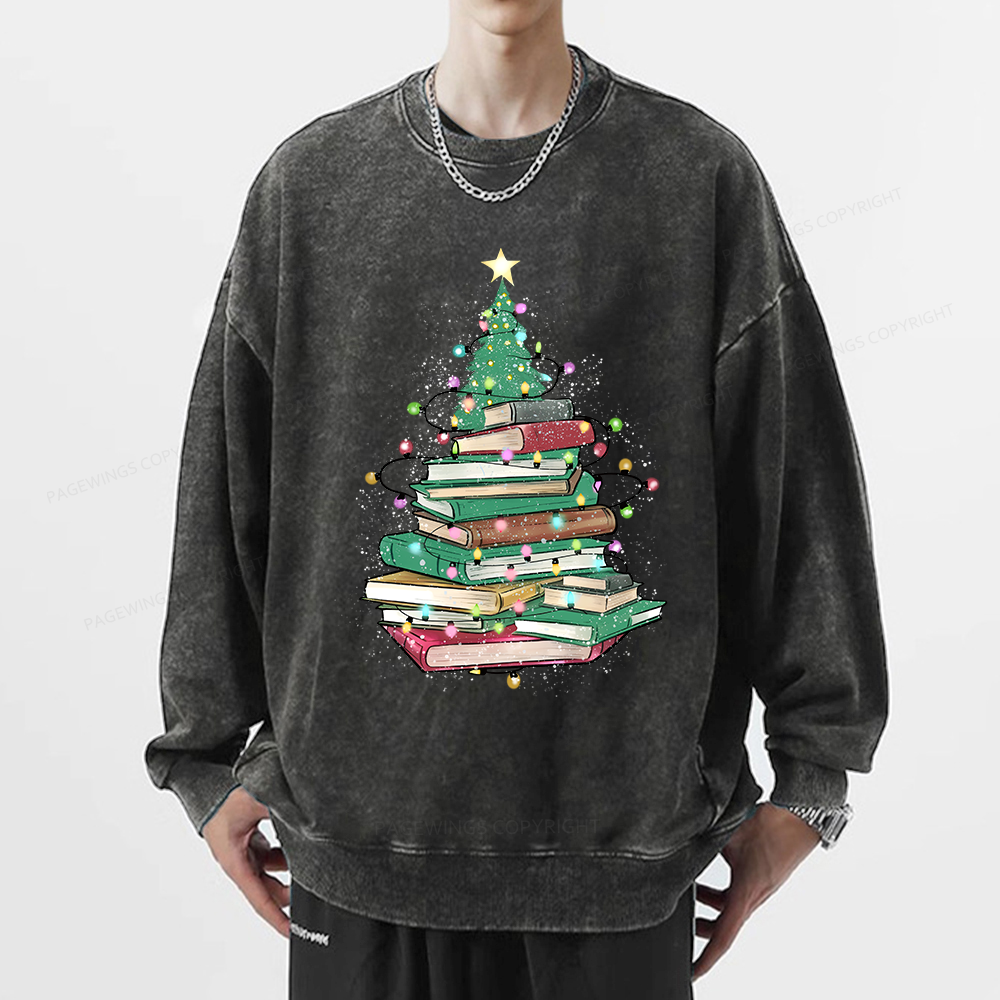 Pagewings Christmas Book Tree Unisex Washed Sweatshirt