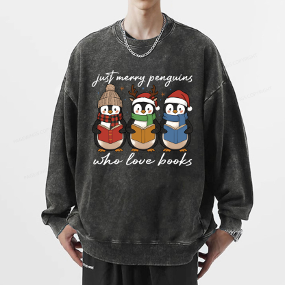 Pagewings Just Merry Penguins Who Love Books Unisex Washed Sweatshirt
