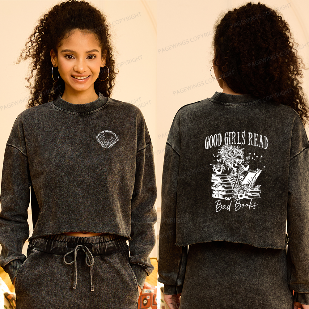 Pagewings Good Girls Read Bad Books Women Washed Crop Sweatshirt