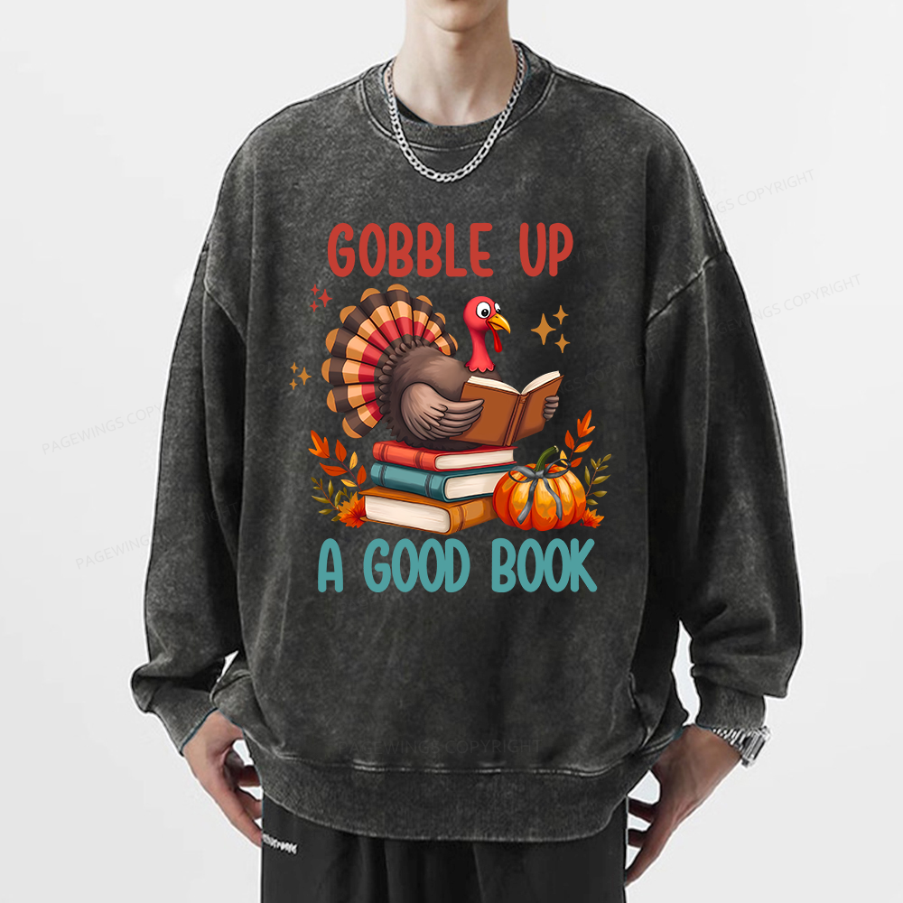 Pagewings Thanksgiving Turkey Reading Unisex Washed Sweatshirt