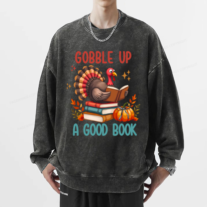 Pagewings Thanksgiving Turkey Reading Unisex Washed Sweatshirt