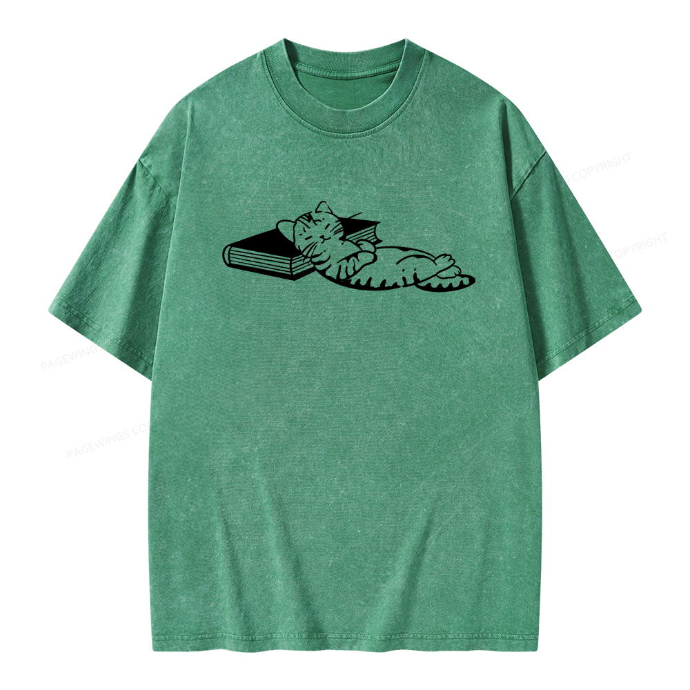 Pagewings A Cat Sleeping On The Book Unisex Washed T-shirt