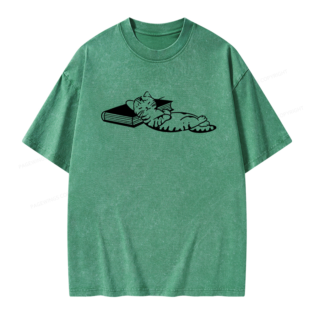 Pagewings A Cat Sleeping On The Book Unisex Washed T-shirt