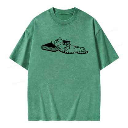 Pagewings A Cat Sleeping On The Book Unisex Washed T-shirt