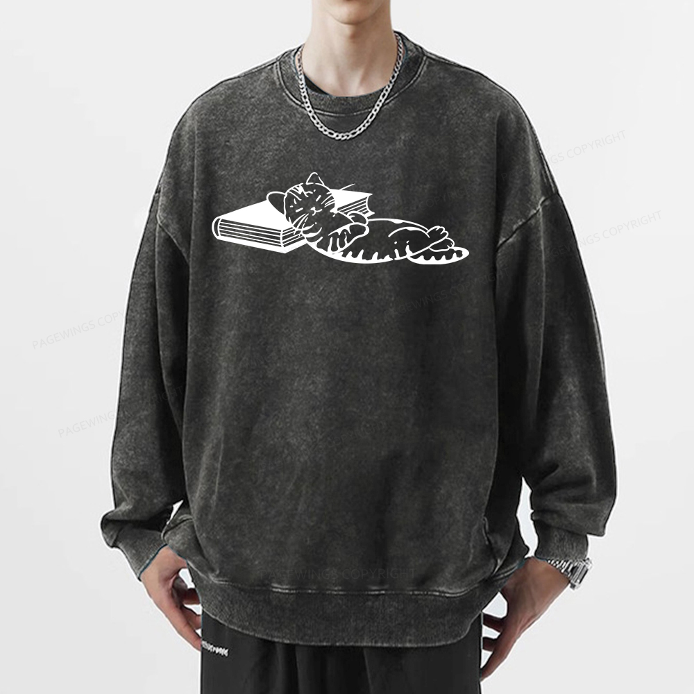 Pagewings A Cat Sleeping On The Book Unisex Washed Sweatshirt