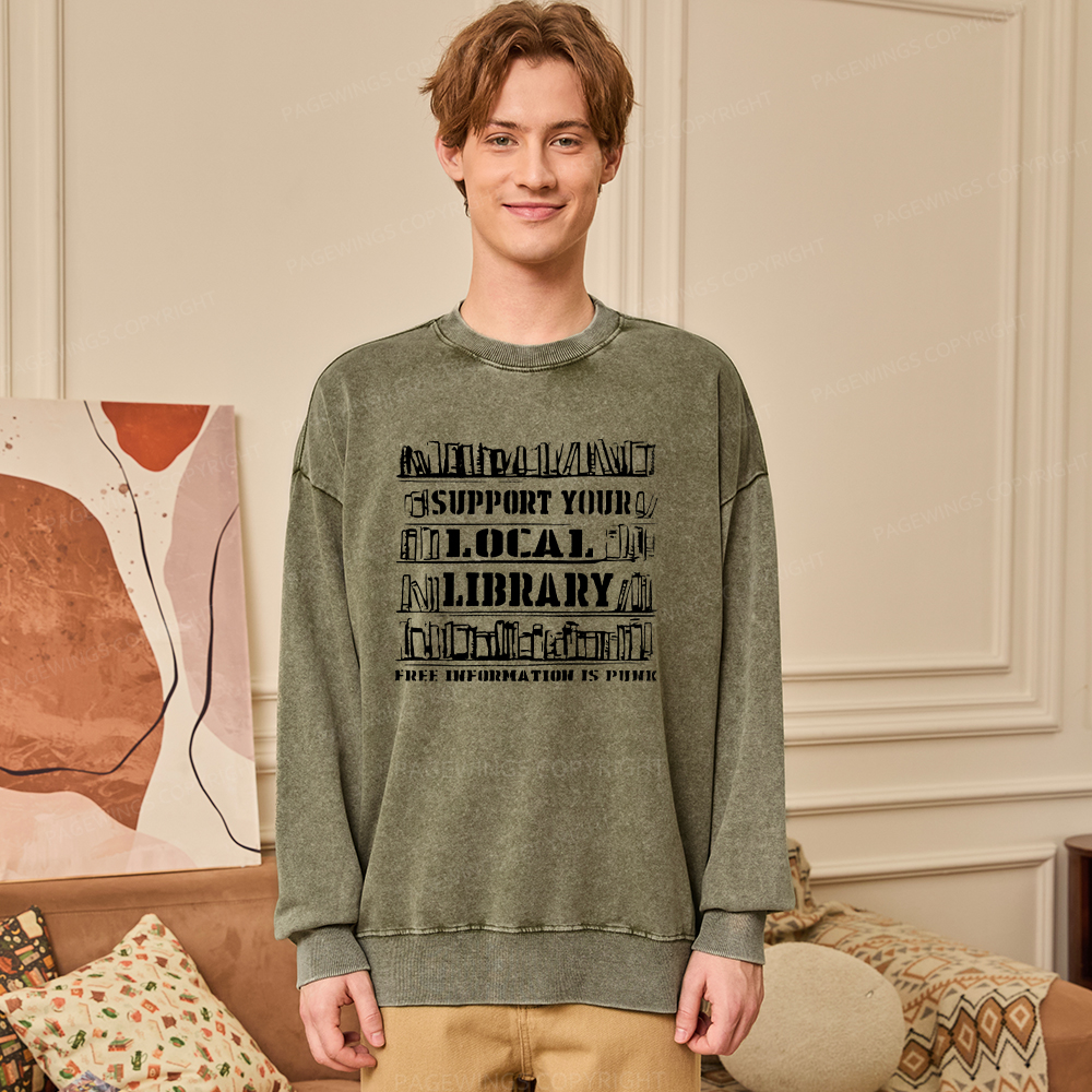 Pagewings Support Your Local Library Unisex Washed Sweatshirt