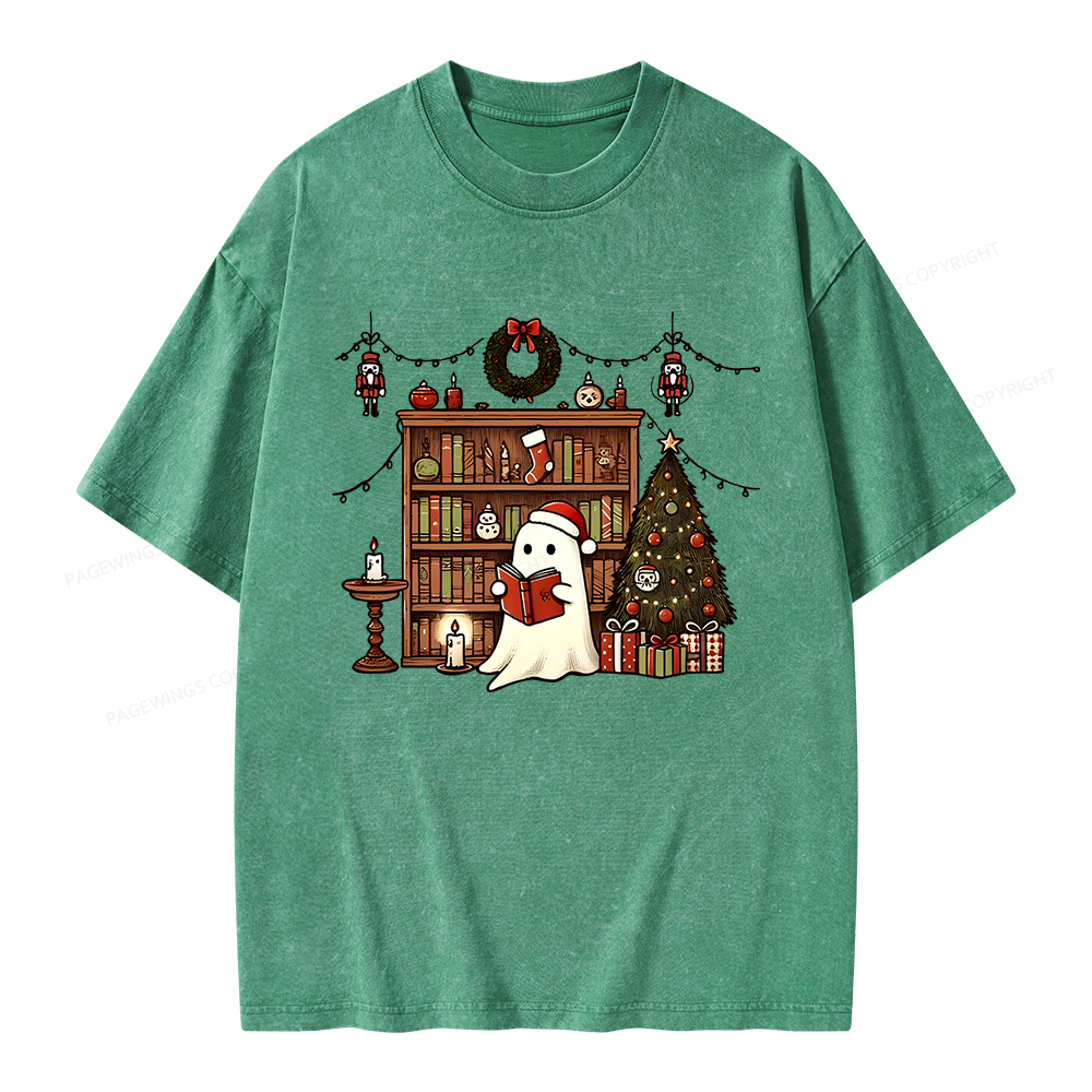 Pagewings Christmas Ghost Book Unisex Washed T-shirt
