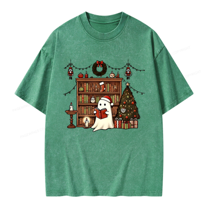 Pagewings Christmas Ghost Book Unisex Washed T-shirt